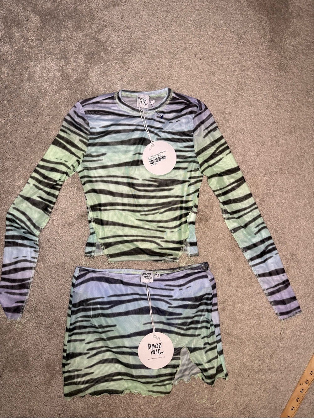 Princess Polly 'In The Fields' Mesh Tiger Top - Mint Green & Black